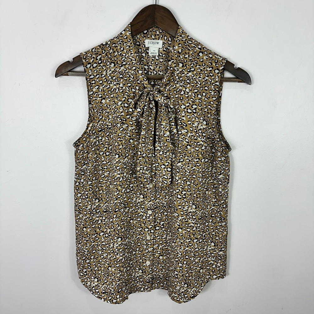 J Crew Leopard Tie Neck Blouse XS Tan Animal‎ Print Office Chic Preppy Career